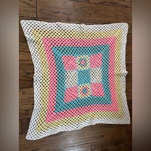 Handmade Crochet Baby Blanket 39x39” Bright Pink Blue Yellow